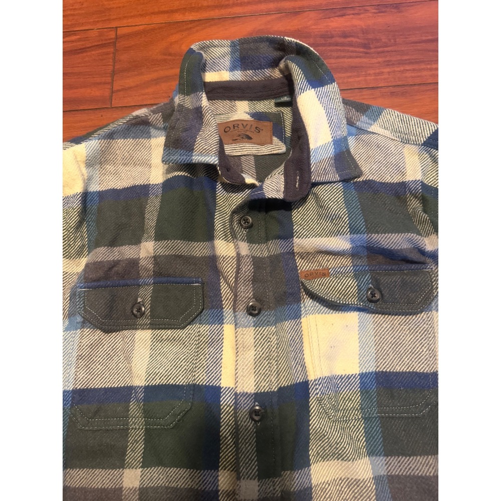 Orvis Mens Plaid Flannel Shirt Jacket Blue Green Cream Pockets Large L/G - Picture 5 of 11